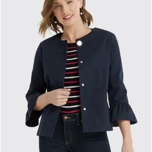 NWT Draper James Womens Blue Preppy Peplum Sleeve Short Gold Button Jacket Sz XS